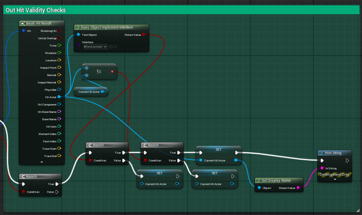 Unreal Engine blueprint graph: validating the line trace hit actor by checking it implements the BPI_Interactable interface before processing